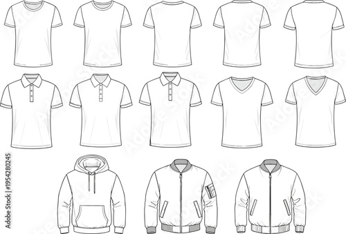 Collection of minimalist fashion technical sketches including t-shirts, polos, hoodie, and bomber jackets for apparel design templates.