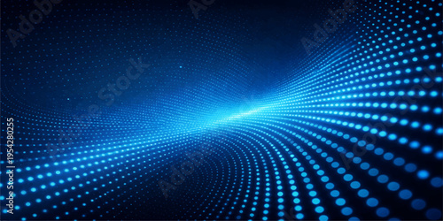 Abstract background featuring a flowing wave of glowing blue dots in a deep dark digital space