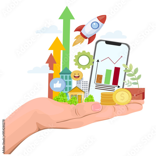 Financial Growth and Investment Concept with Mobile Analytics and Startup Launch
