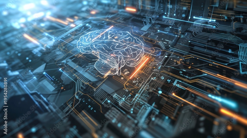 Fototapeta premium Futuristic Digital Brain with Circuit Board and Neon Lights