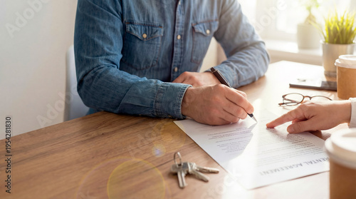 Person writes on document while another points at text across wooden table with coffee cups and keys. A determined tenant hands signing rental agreement at desk with realtor, copy space on the side
