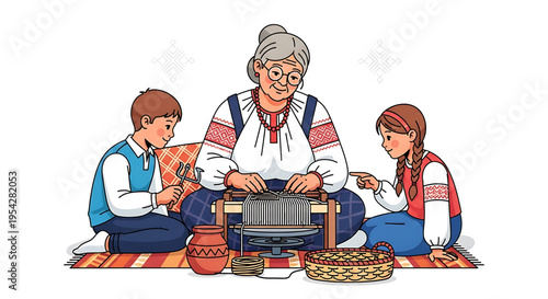A vector graphic illustration of a grandmother teaching her grandchildren traditional weaving and crafts on a colorful rug