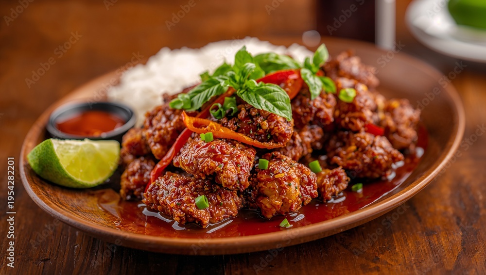 Fototapeta premium Savory Crispy Fried Chicken Wings with Rice and Lime on Wooden Plate