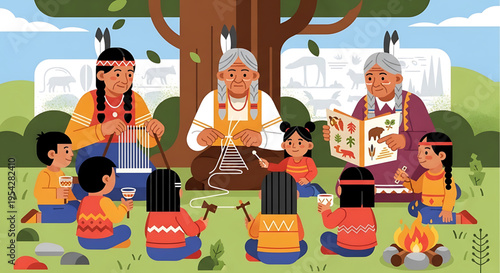 A colorful illustration of a Native American family gathered around a tree, engaging in traditional activities.