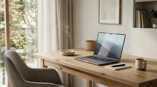 Minimalist Zen Workspace with Incense Smoke and Modern Laptop. A serene, Japanese inspired home office featuring an open laptop on a wooden desk, a grey fabric chair, a notebook with a pen.
