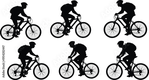 Cyclist riding bicycle silhouette collection, mountain biking sport activity set, cyclist with helmet and backpack vector illustration