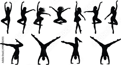 Dancer and acrobat silhouette collection jumping dancing ballet pose gymnastic performance isolated black illustration set