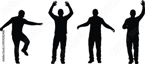 dancing man silhouette collection, male dance poses black silhouette set, energetic movement people figure illustration, modern dancer action silhouette
