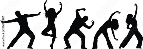 Dancing people silhouettes men and women performing expressive dance poses isolated vector illustration of energetic dancers collection