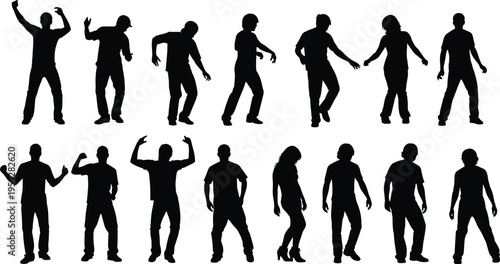 Dancing, people, silhouettes, collection, men, woman, dynamic, dance, poses, movement, rhythm, choreography, performance, energy, black, isolated, set, dancers, figures, illustration