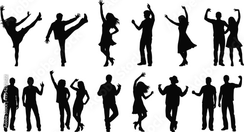 Dancing, people, silhouettes, party, music, celebration, dance, movement, rhythm, energy, fun, nightlife, entertainment, club, black, isolated, figures, set, illustration, collection