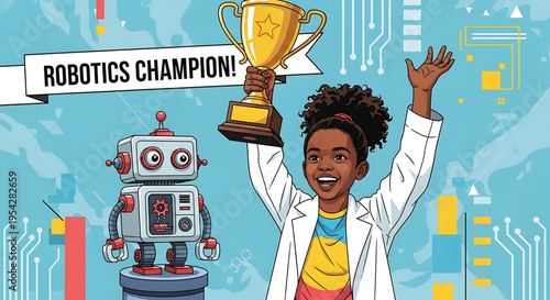 A young girl in a lab coat celebrates with a robot and a trophy, symbolizing her achievement as a robotics champion.