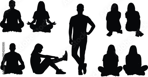 Men and women sitting meditation silhouette collection, yoga and casual seated poses people figures vector illustration isolated