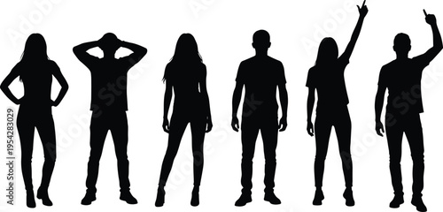 People standing silhouettes collection, men and women casual poses with raised hands, human figure set illustration isolated