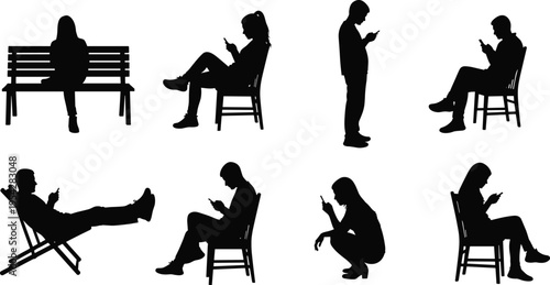People using smartphone silhouette set sitting standing texting mobile phone social media communication lifestyle vector illustration collection