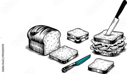 Hand drawn bread vector set, vintage sandwich illustrations with knife for bakery menu and cafe
