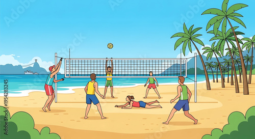 A group of friends playing beach volleyball on a sunny day with palm trees and a mountain range in the background
