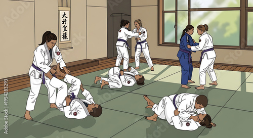 A group of people practicing martial arts in a training room with a green mat