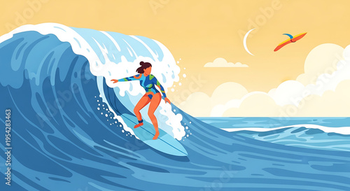 A vibrant illustration of a woman surfing on a large wave in a colorful ocean scene