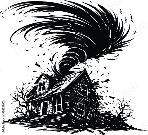 Tornado Storm Destroying House Disaster Illustration.