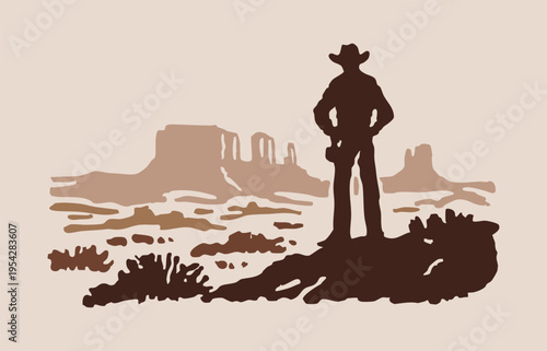 Cowboy Silhouette in Desert Landscape with Mesas, Western Vector Illustration