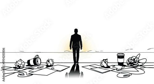 businessman standing in front of scattered papers and deadlines