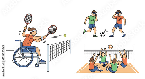 A vibrant illustration of people with disabilities engaging in various sports activities, promoting inclusivity and accessibility in sports.