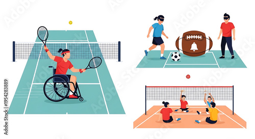 A vibrant vector graphic illustration of people playing various adaptive sports, including wheelchair tennis, blind football, and sitting volleyball.