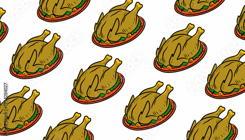Chicken Seamless Pattern Design. Roasted Poultry Illustration Style. Repeating Whole Chicken Motif. Hand Drawn Food Pattern. Culinary Background For Packaging.