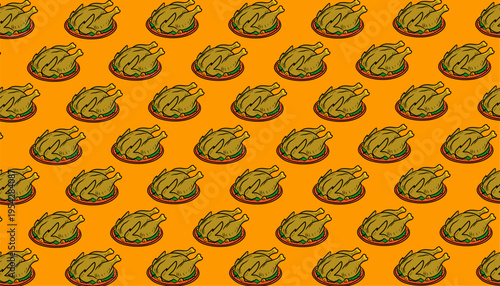 Chicken Seamless Pattern Design. Roasted Poultry Illustration Style. Repeating Whole Chicken Motif. Hand Drawn Food Pattern. Culinary Background For Packaging.