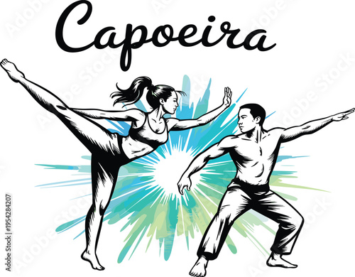 Capoeira martial arts vector illustration, Brazilian dance fighters, athletic man and woman performing acrobatic moves