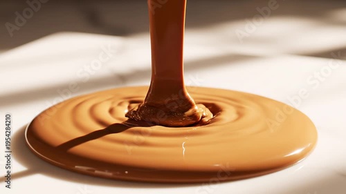 Chocolate syrup pouring on white surface.