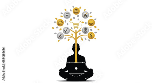 Meditating person with money tree and coins