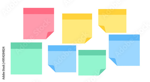 Playful arrangement of colorful sticky notes with curled corners on white backdrop