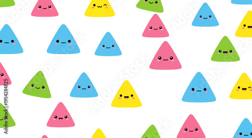 Playful background featuring colorful kawaii triangles with expressive facial emotions