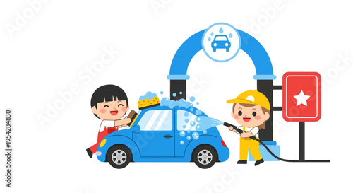 Playful cartoon kids energetically washing a sparkling blue car at an engaging carwash facility