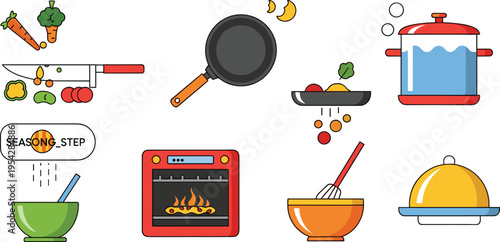 Cooking and Kitchen Icons Set with Frying Pan Pot Oven Mixing Bowl Knife and Food Preparation Elements Vector Illustration for Culinary and Recipe Design