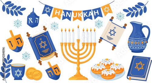 Hanukkah Jewish holiday symbols collection with menorah dreidel Torah scroll coins donuts and decorations festive vector illustration set