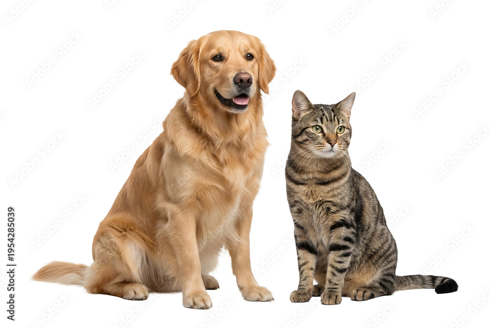 Obraz premium Dog and cat sitting side by side isolated on black background, cute pet portrait with calm expressions, realistic animals, high quality cutout PNG for design use
