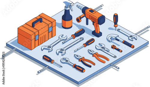 Isometric construction tools set with drill wrench screwdriver pliers toolbox hammer repair equipment vector illustration workshop maintenance kit