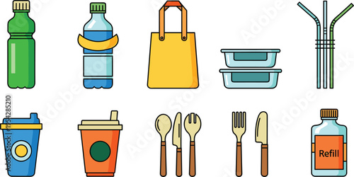 Eco Friendly Reusable Products Icon Set with Water Bottle Shopping Bag Containers Metal Straw and Sustainable Items Vector Illustration for Zero Waste Lifestyle Design