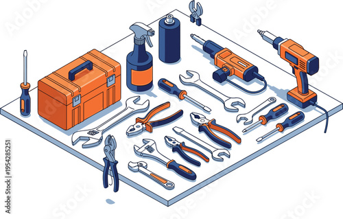 Isometric workshop tools collection with drill wrench screwdriver pliers toolbox repair equipment construction maintenance vector illustration set