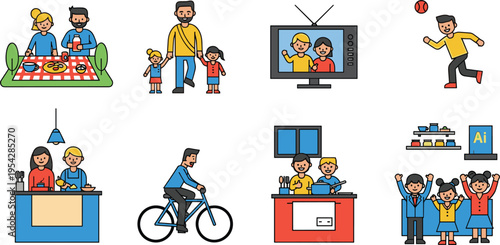 Family Daily Life Activities Icons Set with Parents Children Picnic Cooking Cycling Shopping and Entertainment Vector Illustration for Lifestyle and Social Design