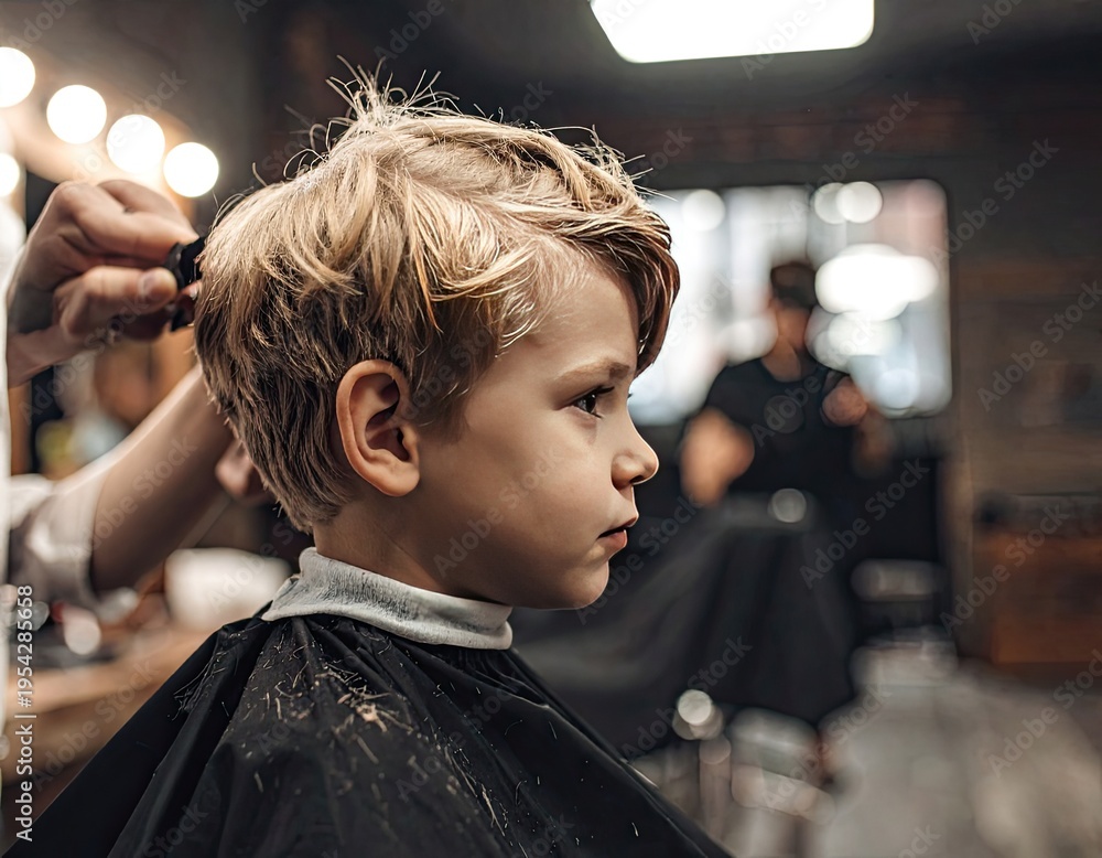 Naklejka premium A young boy receives a haircut in a stylish barbershop.