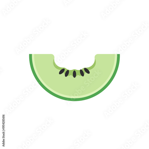 Flat color icon of a refreshing honeydew melon slice with a small bite taken, showcasing its green flesh and seeds, perfect for healthy food illustrations, summer menus, or sweet fruit graphic designs