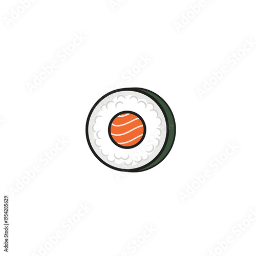 A delightful minimalist flat illustration of a fresh salmon maki sushi roll, perfect for Japanese cuisine apps, restaurant menus, or healthy food branding designs
