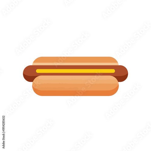 A simple flat illustration of a hot dog in a bun with mustard