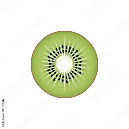 A vibrant, top-down view of a fresh kiwi slice, showcasing its green flesh and black seeds against a clean white background