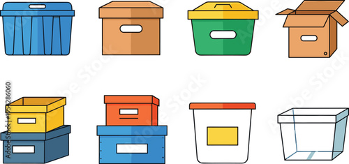 Storage Boxes and Containers Icon Set with Plastic Bins Cardboard Boxes Stackable Cases and Organizer Tubs Vector Illustration for Packaging Moving and Organization