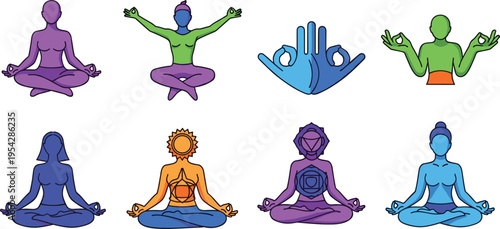 Yoga Meditation Pose Icons Set with Lotus Position Mindfulness Relaxation Chakras and Zen Practice Vector Illustration for Wellness Fitness and Spiritual Lifestyle Design